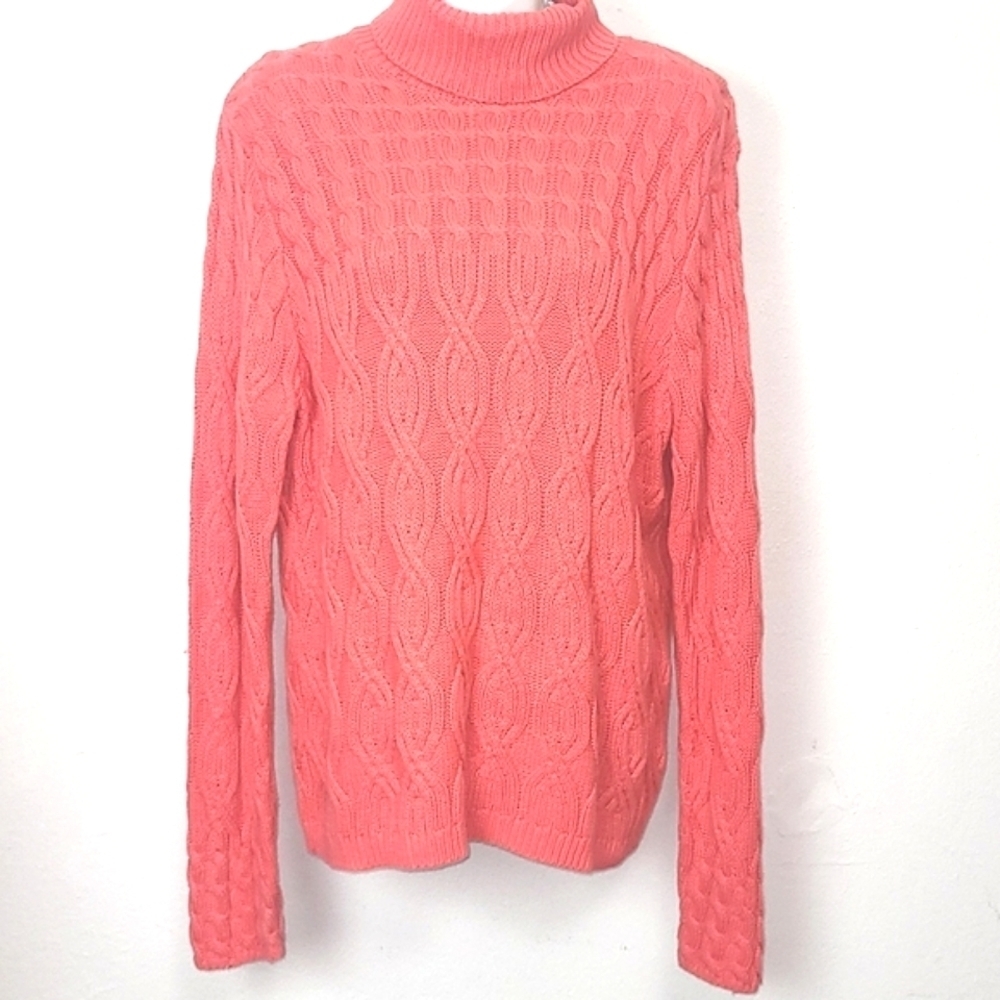 Wainscott Red Coral Cable Knit Sweater M 100% Cotton Fisherman Aran Heritage